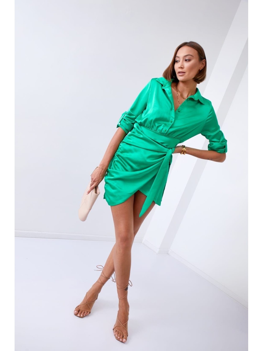 Rochie camasa cu fata legata, verde FG642 - Magazin online - Boutique